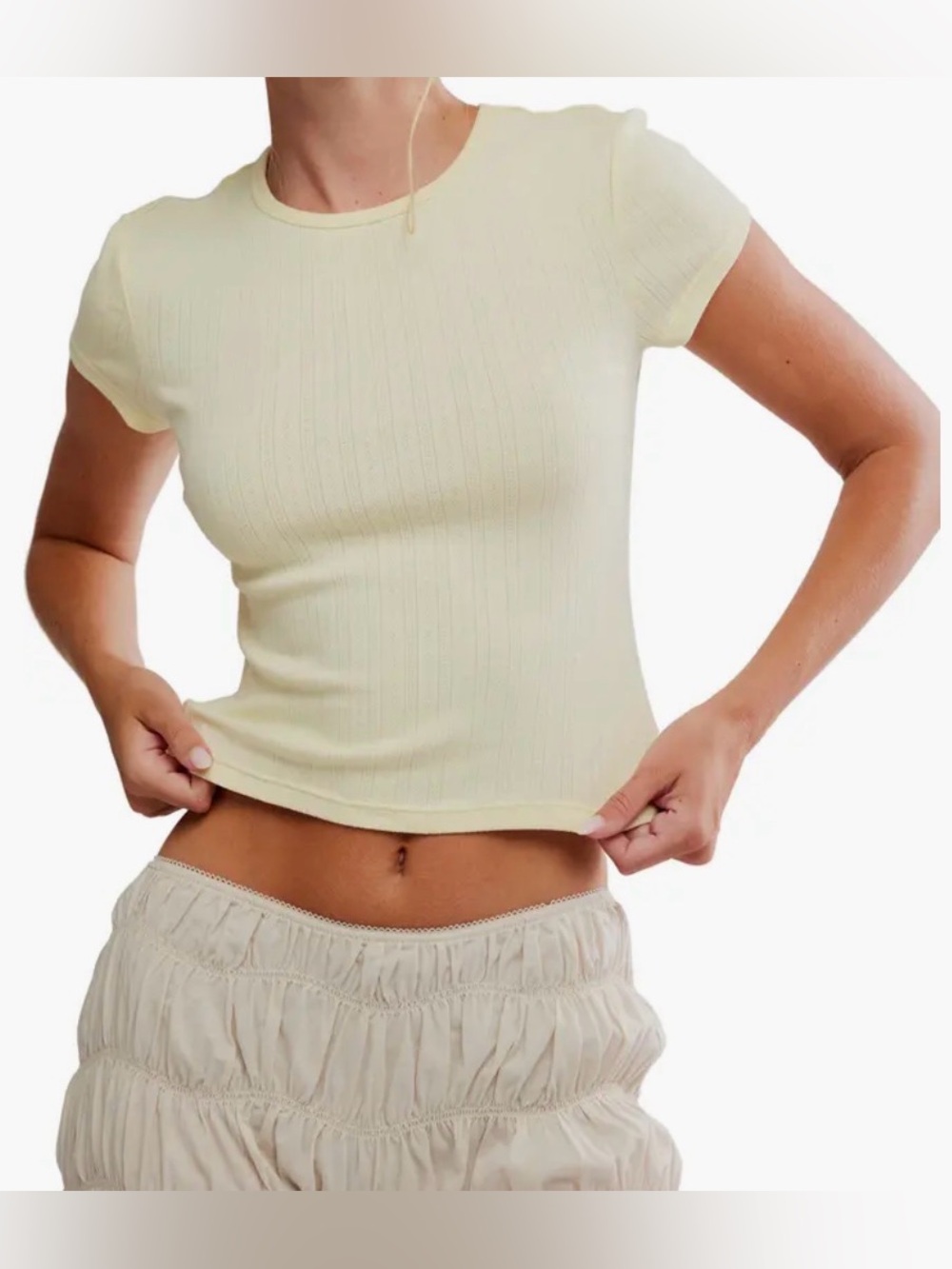 Free People Intimately Wait A Minute Rib Baby Tee Banana Cream NWT